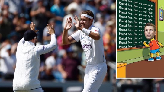 Stuart Broad celebrates taking the wicket of David Warner for the 17th time in his career, in Australia’s second innings of the third Ashes Test at Headingley in 2023.
Inset: The tweet by Broad’s father, former England cricketer and current match referee Chris Broad, after the dismissal.