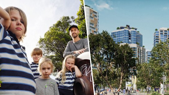 Chris Collier (right) with his children, Lilith and Louis, and Gideon and Rupert Binstead in West Melbourne on Thursday alongside an artist’s impression of what the Arden Precinct in North Melbourne will look like.