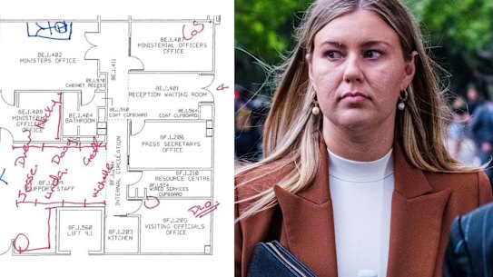 Brittany Higgins’ marked-up diagram tendered in Bruce Lehrmann’s defamation trial in the Federal Court.