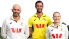 Australian cricketers Nathan Lyon, Mitchell Starc, Alyssa Healy, Ashleigh Gardner, Sam Konstas with new Westpac logo shirts.