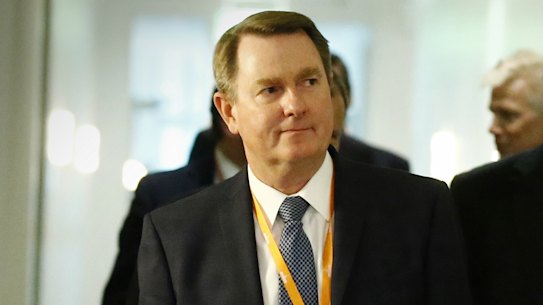 ExxonMobil Australia chairman Richard Owen (left) arrives for a meeting in Parliament House in Canberra in 2017.