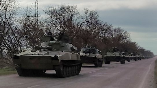 A Russian military convoy near Mariupol on Saturday. 