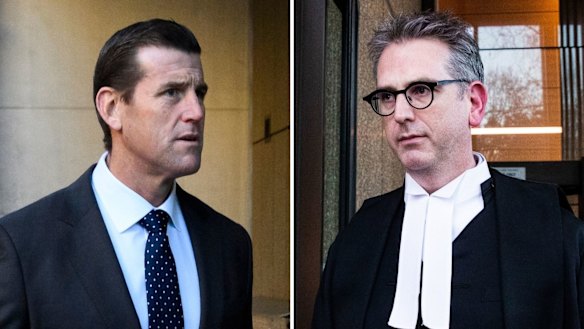 Ben Roberts-Smith and media barrister Nicholas Owen, QC, outside court.