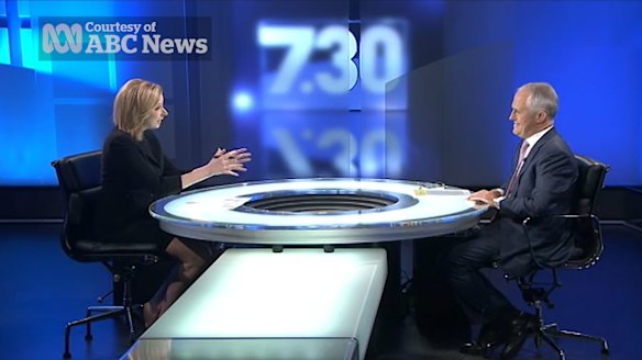 Leigh Sales schools former prime minister Malcolm Turnbull on interview etiquette during a robust exchange on 7.30 in 2015. 