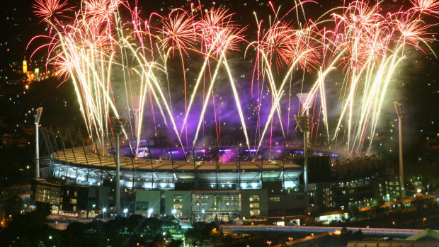 Fireworks at the closing ceremony of the 2006 Games at the MCG, which will host the 2026 opening ceremony.