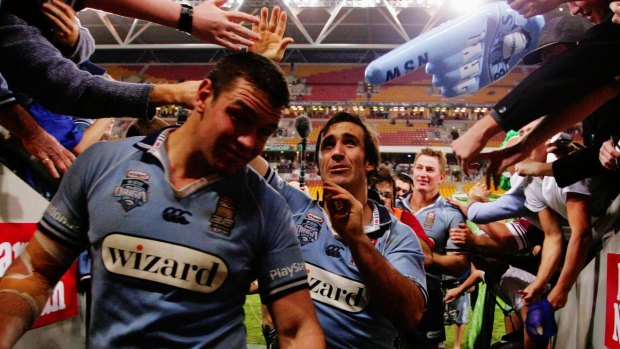 Andrew Johns and Blues teammates walk off after their victory in the 2005 series decider at Suncorp.