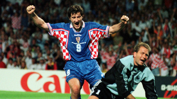 Davor Suker celebrates a quarter-final goal at the 1998 World Cup in France.
