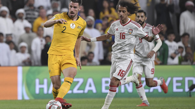 Australia's defender Milos Degenek makes a shocking backpass to his goalkeeper.