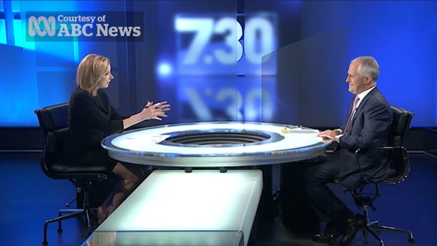 Leigh Sales schools former prime minister Malcolm Turnbull on interview etiquette during a robust exchange on 7.30 in 2015. 