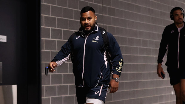 Taniela Tupou arrives for Australia’s second clash with South Africa but took no part in the match. 