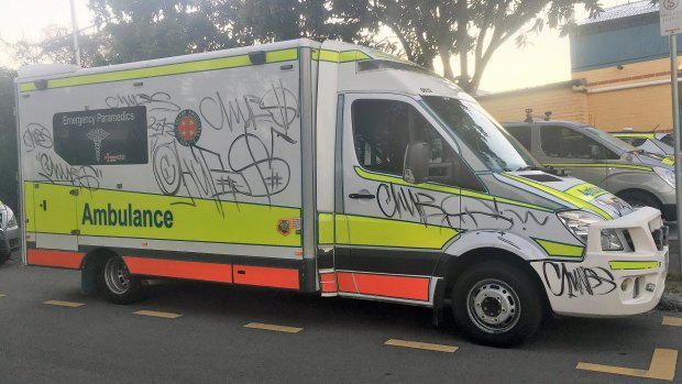 The ambulance was vandalised about 4am outside Woodridge Ambulance Station.