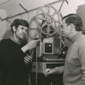 Arthur Cantrill and Andrew Pike in a projection booth at the ANU's Coombs Theatre in 1969.