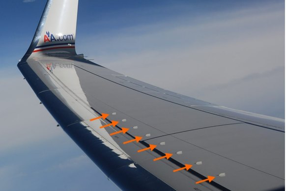 Vortex generators are placed on the leading edge of a wing to reduce aircraft noise.