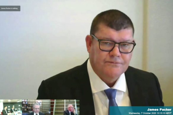 James Packer on the second day of his inquiry appearance, delivering testimony from his gigayacht somewhere in the South Pacific.
