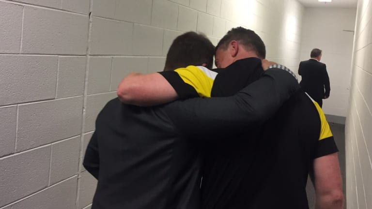 Alastair Clarkson congratulates Damien Harwick after Richmond's 2017 grand final win.