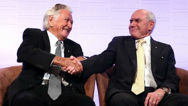 Former Prime Ministers Bob Hawke and John Howard. 