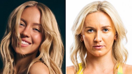 Sydney Sweeney (left) poses for her controversial Novig ad, which Olympian Ariarne Titmus has criticised.
