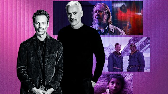 See-Saw Films’ founders Emile Sherman, left, and Iain Canning with images from its hit series Slow Horses and films Tenzing and Lion.