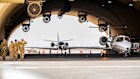 A jet attached to a US air refuelling squadron leaves Al Udeid air base in 2023.