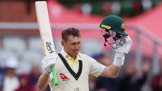 Australia’s Marnus Labuschagne celebrates after reaching his century.