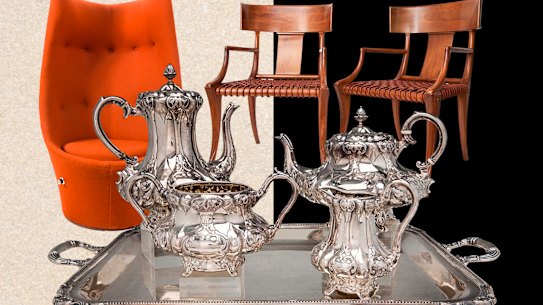 The Featherston ‘talking chair’, a silver tea service, and T.H. Robsjohn-Gibbings’ Klismos Chairs.