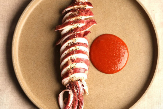 Loligo squid with chicken sausage stuffing at Wa Gyuto.