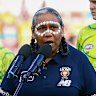 Louisa Bonner delivering a Welcome to Country at an AFL men’s game in Brisbane earlier this year.