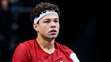 Ben Shelton reacts after losing to Jiri Lehecka.