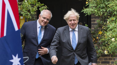 Prime Minister Scott Morrison and British Prime Minister Boris Johnson at Downing Street earlier this year.