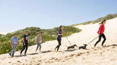Greg and Nerida Coman with their children Tallis, Amelie and Lilia at the sand dunes near their Cronulla home.