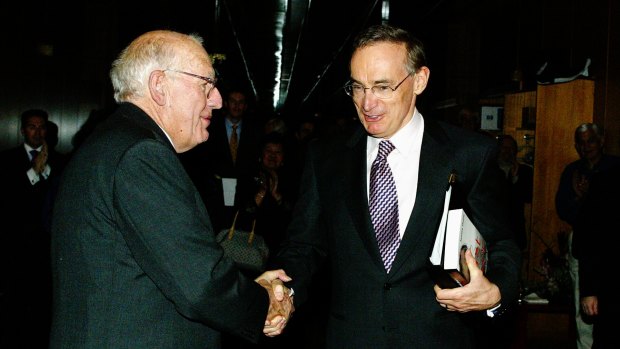 James Dunn with then NSW Premier Bob Carr MP at the launch of Dunn's 2003 book, East Timor: A Rough Passage to Independence.