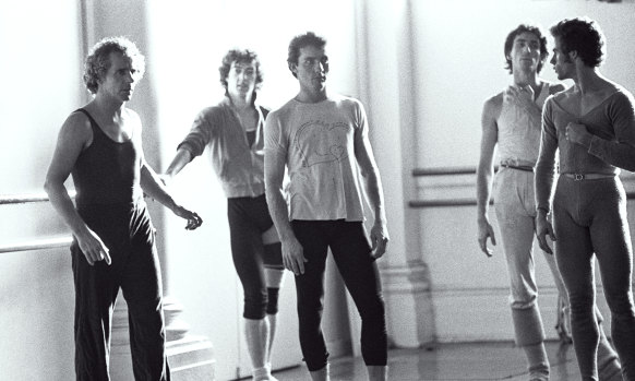 Jonathan Taylor (far left) in the Australian Dance Theatre studios with dancers Glen Murray, Don Secomb, John Salisbury and Robert Canning c1985.