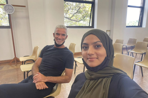 Craig Foster with Marwa
Moeen, one of the Afghan
refugees he helped escape the
Taliban and reach Australia.