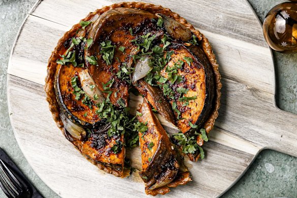 Pumpkin, feta and shallot tart.
