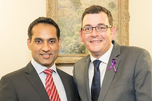 Former Labor candidate Jasvinder Sidhu with Premier Daniel Andrews. 