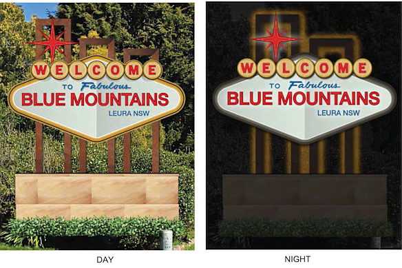 Private hotel investor Jerry Schwartz’s proposed design for an illuminated sign in the Blue Mountains village of Leura.