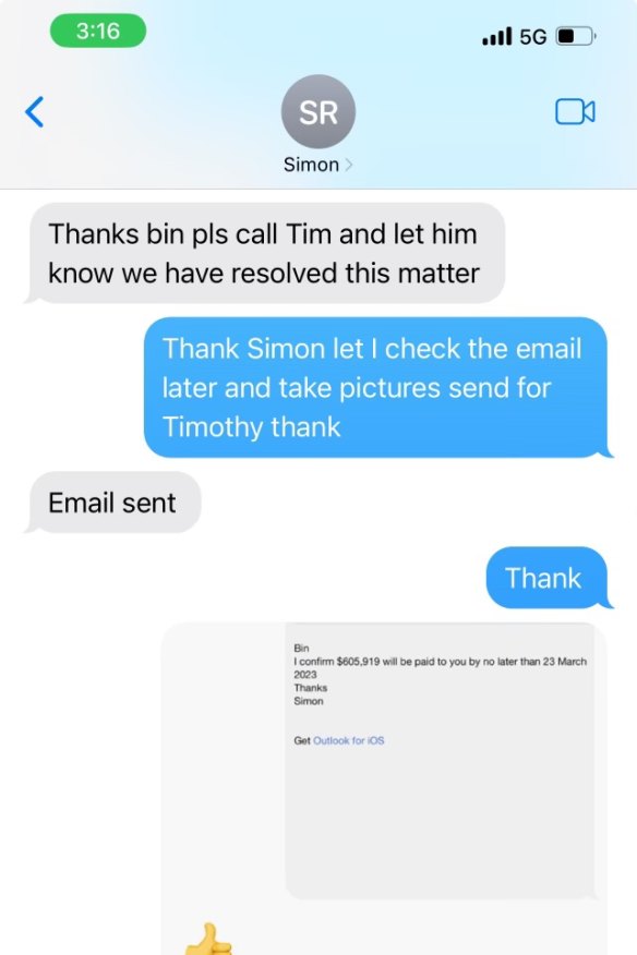 Text exchange between mango farmer Binh Minh and Remagen’s Simon Raftery, who was a director of Aussie Frozen Fruit. Raftery was confirming Binh would be paid. He wasn’t.