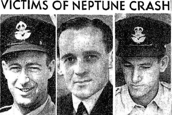 Victims of Neptune crash (l-r):  Squadron-Leader G.R. Cullen, captain of the aircraft; Squadron-Leader J.K. McDonald, signaller; Flying-Officer F.J.Wood, signaller