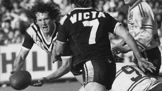 Roy Brown, the Wests hooker, finds support at Lidcombe Oval in 1979.