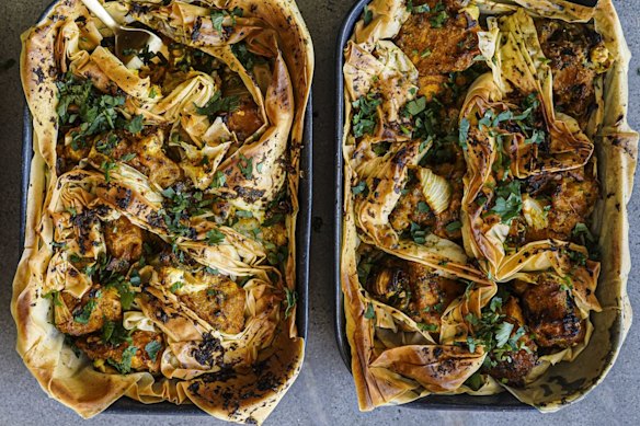 Pumpkin, chickpea and chermoula pies with optimum crisp filo coverage.