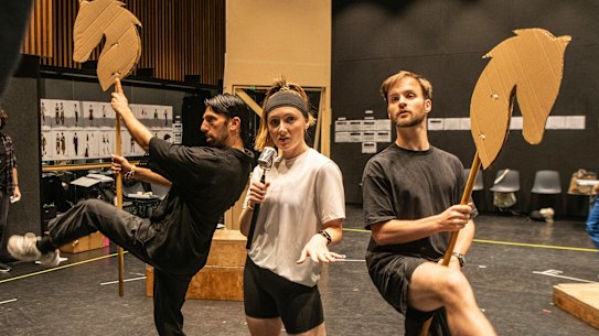 Hoofin’ it: cast members Nat Jobe, Manon Gunderson-Briggs and Shay Debney, and choreographer Ellen Simpson, go through rehearsals.
