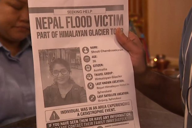 Sriram Parameswaran from The Ponds in Sydney’s north-west is in Nepal looking for his wife, Shruti Chandrasekaran (pictured)