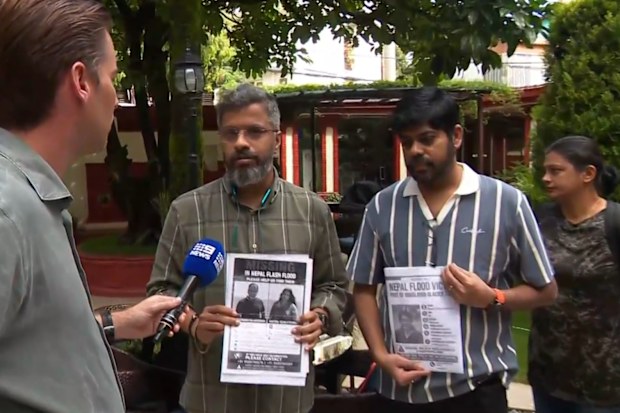 Sriram Parameswaran (right) from The Ponds in Sydney’s north-west is in Nepal looking for his wife, Shruti Chandrasekaran