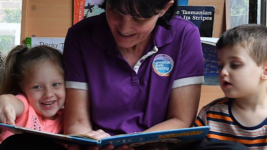Early learning educator Samantha Kenny with Zahra Khodr and Benjamin Perovic.
