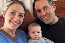 Dani and Dan Rielly with their son Fletcher, who was born in April 2026.
