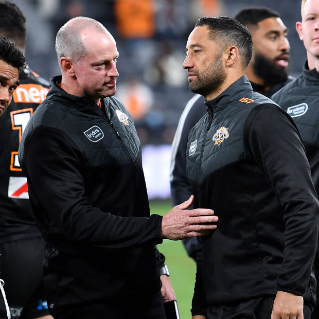 Michael Maguire approaches an emotional Benji Marshall after his final game for the club last year.