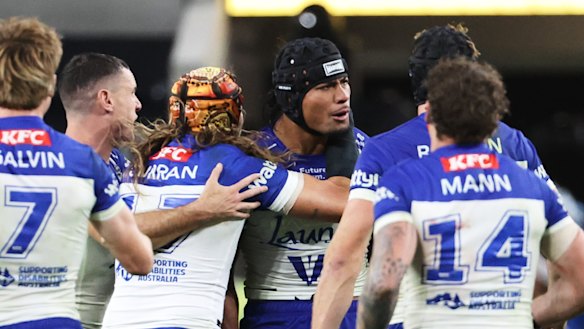 Canterbury celebrate their golden point victory over the Dragons in Las Vegas.