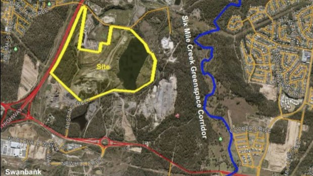 Map showing Ipswich's super dump site is beside Ipswich's Six Mile Creek. The explosives storage site is in the centre of the dump application.