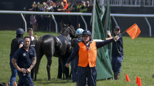 The Cliffsofmoher is attended to on the track after suffering an injury.