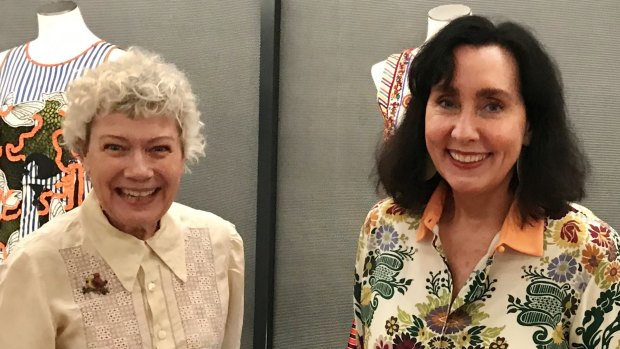 Brisbane fashionistas Lydia Pearson (left) and Pamela Easton pictured at the launch of the new Museum of Brisbane exhibition.